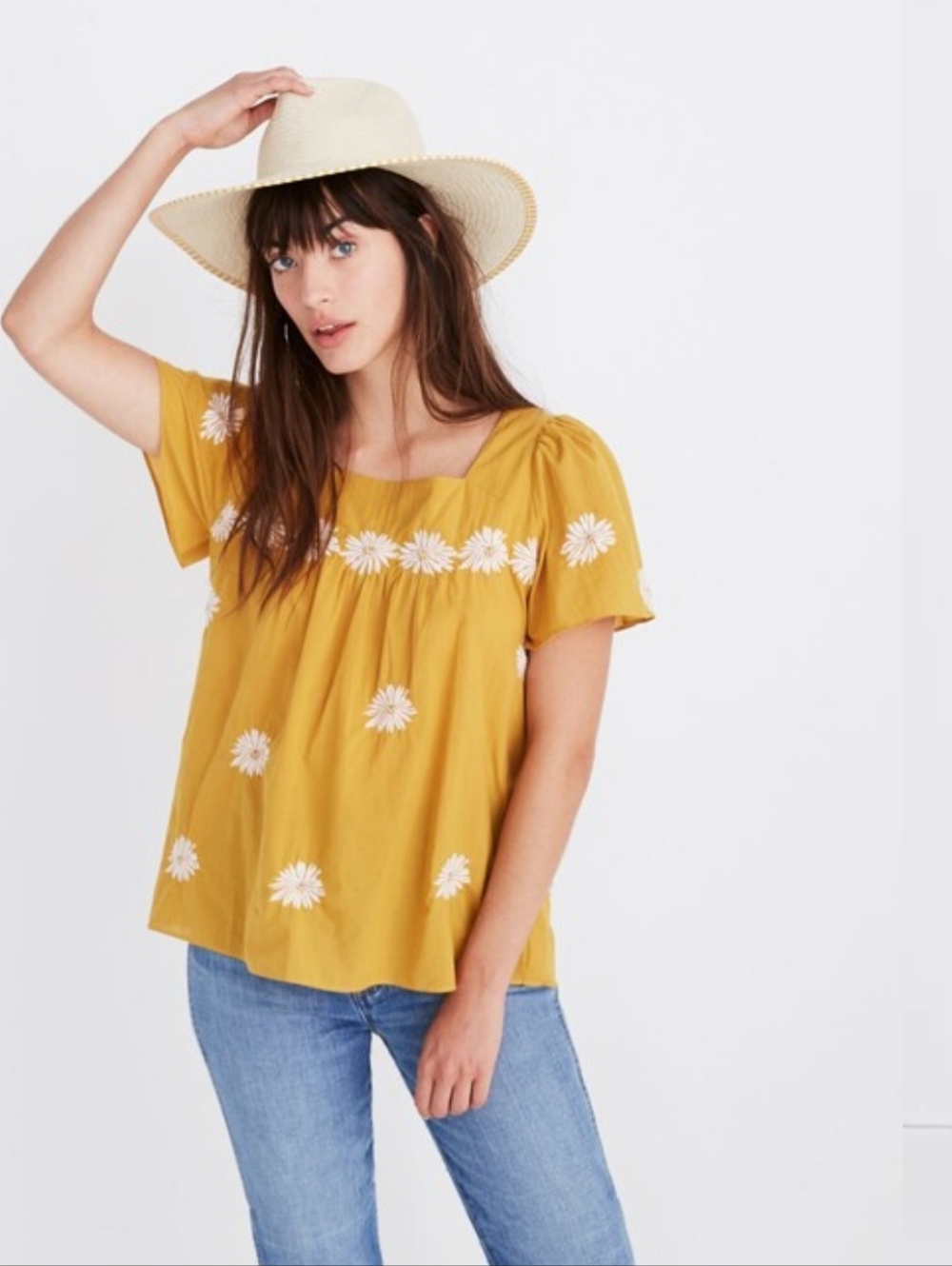 Madewell Mustard Square-Neck Embroidered Top